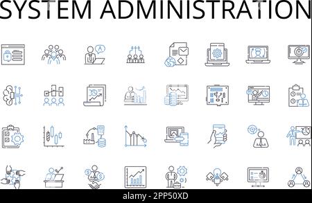 Symbolsammlung der Systemadministrationszeile. Nerk Management, Cybersicherheit, IT-Support, Benutzerverwaltung, Datenanalyse, Cloud-Computing, Projekt Stock Vektor