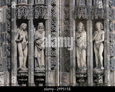 Skulpturen von Adam und Eva und Propheten auf dem Westportal der Lorenzkirche, Nürnberg, Mittelfrankreich, Bayern Stockfoto