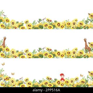 Wasserfarbener, nahtloser horizontaler Hintergrund mit Sonnenblumen. Schmetterlinge im Cartoon-Stil. Handgezeichnete Darstellung des Sommers. Perfekt für Scrapbookin Stockfoto