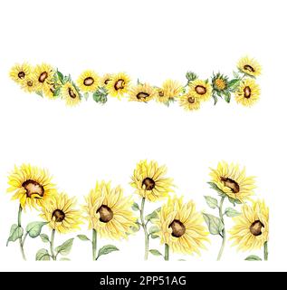 Wasserfarbener, nahtloser horizontaler Hintergrund mit Sonnenblumen. Schmetterlinge im Cartoon-Stil. Handgezeichnete Darstellung des Sommers. Perfekt für Scrapbookin Stockfoto