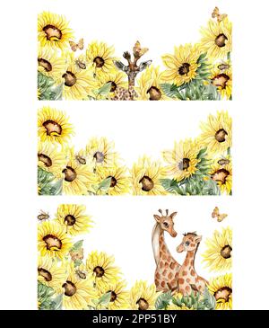 Wasserfarbener, nahtloser horizontaler Hintergrund mit Sonnenblumen. Schmetterlinge im Cartoon-Stil. Handgezeichnete Darstellung des Sommers. Perfekt für Scrapbookin Stockfoto