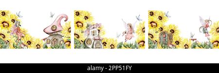 Wasserfarbener, nahtloser horizontaler Hintergrund mit Sonnenblumen. Schmetterlinge im Cartoon-Stil. Handgezeichnete Darstellung des Sommers. Perfekt für Scrapbookin Stockfoto
