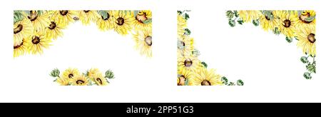 Wasserfarbener, nahtloser horizontaler Hintergrund mit Sonnenblumen. Schmetterlinge im Cartoon-Stil. Handgezeichnete Darstellung des Sommers. Perfekt für Scrapbookin Stockfoto