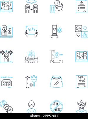Lineare Symbole für Pandemieausbruch gesetzt. Virus, Infektion, Ausbruch, Quarantäne, Sperrung, Pandemie, ansteckender Linienvektor und Konzeptzeichen. Isolation Stock Vektor