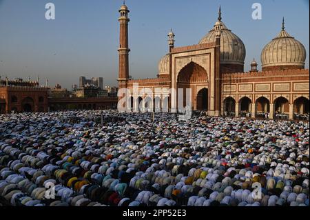 New Delhi, Delhi, Indien. 22. April 2023. Moslems bieten Eid al-Fitr Gebete zum Ende des heiligen Fastenmonats des Ramadan in Jama Masjid, in den alten Vierteln von Neu-Delhi, Indien, am 22. April 2023. (Kreditbild: © Kabir Jhangiani/ZUMA Press Wire) NUR REDAKTIONELLE VERWENDUNG! Nicht für den kommerziellen GEBRAUCH! Kredit: ZUMA Press, Inc./Alamy Live News Stockfoto