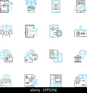 Lineares Symbolset für digitales Banking. FinTech, Mobil, kontaktlos, Innovation, Sicherheit, Kryptowährung, Cashless Line Vector und Concept Signs Stock Vektor