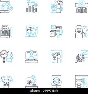 Lineare Symbole für Geschäftsstrategie. Innovation, Planung, Ausführung, Wettbewerb, Markt, Kollaboration, Differenzierungslinienvektor und Konzeptzeichen Stock Vektor