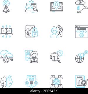 Lineare Symbole für Social-Media-Analyse festgelegt. Engagement, Metriken, Sentiment, Viralität, Erkenntnisse, Überwachung, Reputationslinienvektor und Konzeptzeichen Stock Vektor