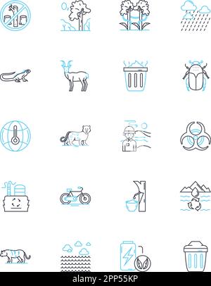 Lineare Symbole für Biodiversitätsverlust gesetzt. Aussterben, Habitat, Zersplitterung, Entwaldung, Verschmutzung, Vom Aussterben bedroht, Artenlinienvektor und Konzeptzeichen Stock Vektor