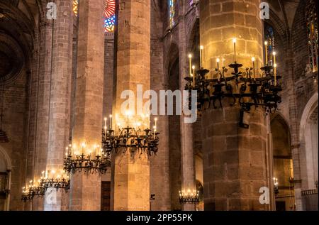 Säulen, Innenräume, Kathedrale von Palma, Palma de Mallorca, Spanien Stockfoto