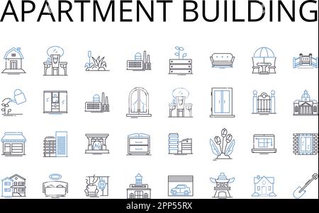 Symbolsammlung für Wohnungsbaulinien. Büroblock, Hotelbetrieb, Einkaufskomplex, Wohnblock, Geschäftsgebäude, Eigentumswohnung Stock Vektor