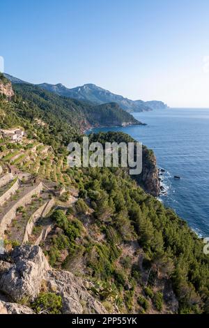 Blick vom Torre des Verger, Meer- und Küstenblick, Banyalbufar, Mallorca, Balearen, Spanien Stockfoto