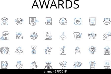 Symbolsammlung für Awards-Positionen. Auszeichnungen, Preise, Trophäen, Prämien, Auszeichnungen, Unterscheidungen, Leistungsvektor und lineare Darstellung. Verdienste, Medaillen Stock Vektor