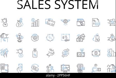 Kollektion der Positionssymbole im Vertriebssystem. Geschäftsmodell, Einnahmequelle, Marketingplan, Customer Journey, Einkommensgenerierung, Marktstrategie, Verkauf Stock Vektor