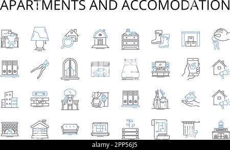 Ikonensammlung für Apartments und Unterkünfte. Skyline und Horizont, Unterkunft und Haus, Gebäude und Struktur, Immobilien und Anwesen, Wohnsitz und Stock Vektor