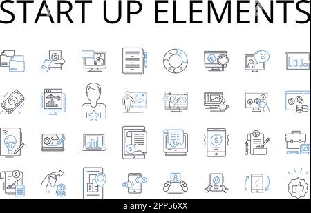 Starten Sie die Sammlung der Liniensymbole für Elemente. Unternehmensstart, Anfangsphase, Betriebsbeginn, Anfangsphase, Primärphase, Starterkit, Öffnen Stock Vektor