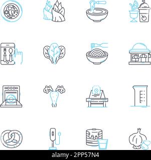 Linearer Symbolsatz für die Restaurantindustrie. Küche, Menü, Service, Gastfreundschaft, Gastronomie, Ambiente, kulinarische Linienvektoren und Konzeptschilder. Koch, Küche Stock Vektor