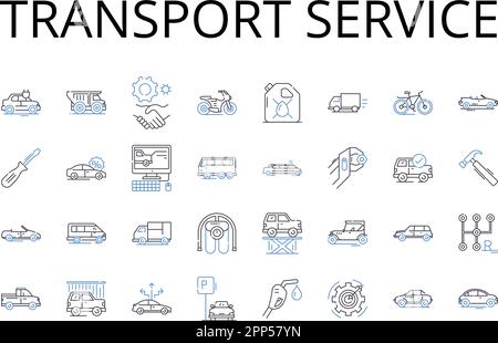 Symbolsammlung für Transport-Service-Position. Autovermietung, Frachtversand, Transportunternehmen, Lieferservice, Logistikunterstützung, Umzugsfirma Stock Vektor