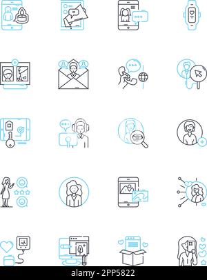 Anzeigetaktik lineare Symbole gesetzt. Branding, Werbeaktion, Überzeugungsarbeit, Zielgruppenansprache, Bewusstsein, Kampagne, Kreativitätslinienvektor und Konzeptzeichen Stock Vektor