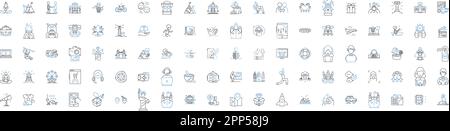 Kollektion mit Liniensymbolen für Reiseveranstalter. Abenteuer, Exkursion, Safari, Expedition, Geführt, Reise, Paketvektor und lineare Darstellung. Urlaub Stock Vektor