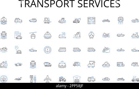 Symbolsammlung für Transportdienste. Komfort, Wartung, Platz, Belüftung, Sauberkeit, Datenschutz, Sicherheitsvektor und lineare Darstellung Stock Vektor