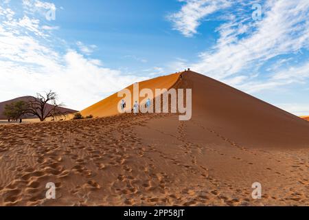 Touristen klettern die berühmte Sossusvlei Dune 45 in der Namibwüste, Namibia Stockfoto