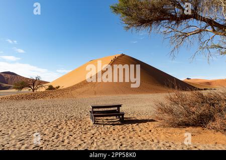 Touristen klettern die berühmte Sossusvlei Dune 45 in der Namibwüste, Namibia Stockfoto
