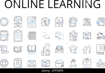 Symbolsammlung für den Online-Lernbereich. E-Learning, webbasiert, interaktiver Unterricht, Fernunterricht, virtuelle Klassenzimmer, Digitale Anweisung Stock Vektor