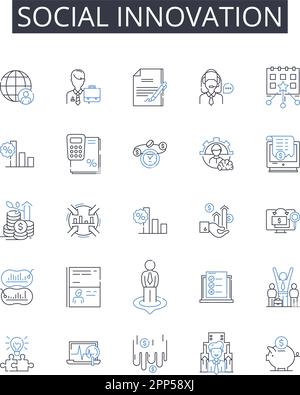 Icons-Kollektion für Social Innovation Line. Ökologische Nachhaltigkeit, technologischer Fortschritt, Entwicklung der Gemeinschaft, Verantwortung der Unternehmen Stock Vektor