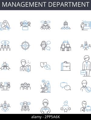 Sammlung der Liniensymbole der Verwaltungsabteilung. Marketingteam, Finanzabteilung, Vertriebsabteilung, Personalabteilung, Projektbüro, Entwicklungssektor Stock Vektor