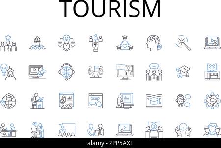 Tourism Line Icons Kollektion. Reisebranche, Urlaubsgeschäft, Gastgewerbe, Sightseeing-Markt, Exkursionsgeschäft, Freizeitindustrie Stock Vektor