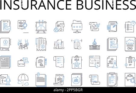 Symbolsammlung für Geschäftsbereiche Versicherungen. Underwriting, Assurance, Coverage, Indemnity, Policy, Schutz, Aktuarvektor und lineare Darstellung Stock Vektor