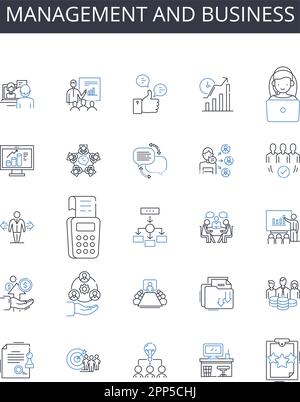 Symbolsammlung für Management und Geschäftsbereiche. Administration, Leadership, Governance, Supervision, Direction, Kontrolle, Koordinationsvektor und linear Stock Vektor