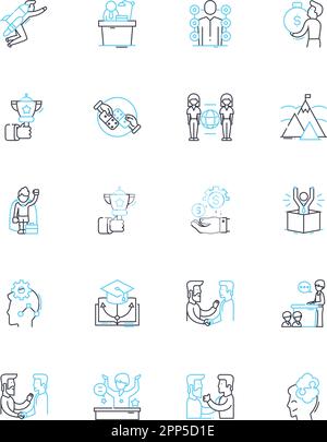 Lineare Symbole für Kundenbeziehungen festgelegt. Zufriedenheit, Loyalität, Engagement, Vertrauen, Kommunikation, Service, Beziehungslinienvektor und Konzeptzeichen Stock Vektor