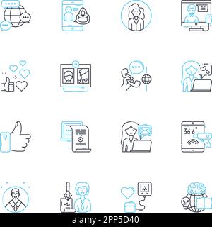 Anzeigetaktik lineare Symbole gesetzt. Branding, Werbeaktion, Überzeugungsarbeit, Zielgruppenansprache, Bewusstsein, Kampagne, Kreativitätslinienvektor und Konzeptzeichen Stock Vektor