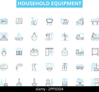 Lineare Symbole für Haushaltsgeräte. Mixer, Spülmaschine, Kühlschrank, Mikrowelle, Toaster, Schilder für Ofen, Vektor der Vakuumleitung und Konzept. Waschmaschine, Trockner Stock Vektor