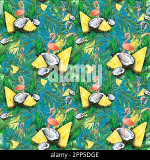Tropische Blätter mit Ananas, Kokosnüssen und rosa Flamingos. Aquarell, handgezeichnet. Nahtloses Muster im Sommer, brasilianisch, hell, Strand Stockfoto