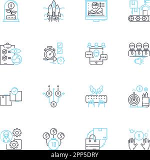 Lineare Symbole für Investitionsstrategie festgelegt. Portfolio, Diversifizierung, Risiko, Renditen, Vermögenszuweisung, Anleihen, Aktien Linienvektor und Konzeptzeichen. Echt Stock Vektor