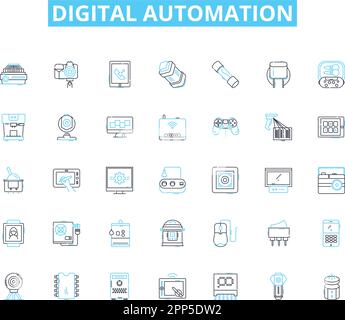 Lineare Symbole für digitale Automatisierung eingestellt. Robotik, Automatisierung, Künstliche Intelligenz, Maschinelles Lernen, Workflow, Effizienz, Straffung des Linienvektors Stock Vektor