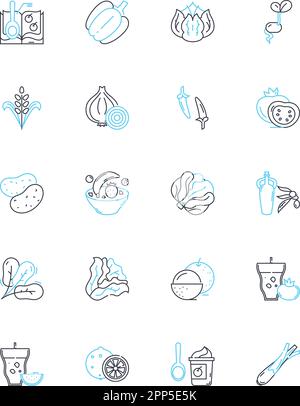 Nachhaltige Landwirtschaft – lineare Symbole gesetzt. Erhaltung, Ökologisch/Biologisch, Permakultur, Regenerativ, Biologische Vielfalt, Bodengesundheit, Treibhausgase Linienvektor und Stock Vektor