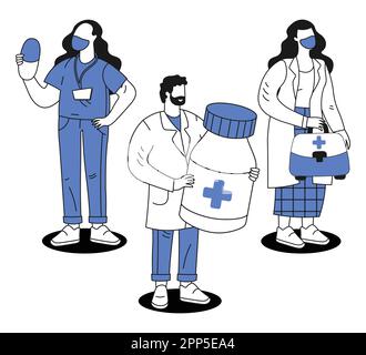 Team von medizinischen Fachkräften Arzt mit Arzt Arzt Assistentin mit Kapsel Stock Vektor