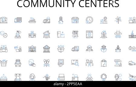 Kollektion der Liniensymbole der Community Center. Hierarchie, Kette, Management, Organisation, Framework, Steuerung, Leistungsvektor und lineare Darstellung Stock Vektor