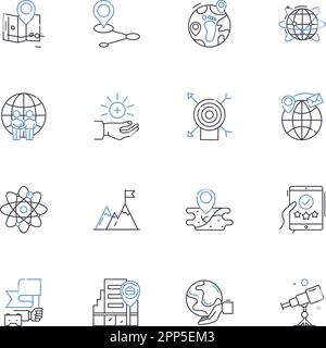 Sammlung geodätischer Liniensymbole. Vermessung, Koordinate, Kartierung, Geodäsie, Navigation, Topographie, Positionsvektor und lineare Darstellung. Erde Stock Vektor