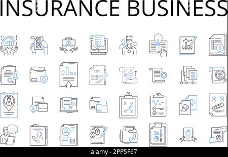 Symbolsammlung für Geschäftsbereiche Versicherungen. Underwriting, Assurance, Coverage, Indemnity, Policy, Schutz, Aktuarvektor und lineare Darstellung Stock Vektor