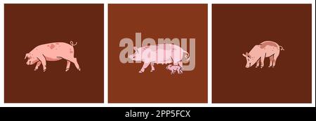 Handgezeichnete, abstrakte Vektor-Clipart-Illustrations-Set-Kollektion mit pinkfarbenem, niedlichem, stilisierten Schweinemalent. Trendiges, modernes Designkonzept.Vector Stock Vektor