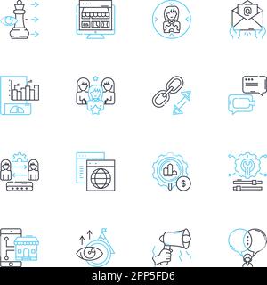 Linearer Symbolsatz für digitale Verkäufe. E-Commerce, Automatisierung, Analysen, Marketing, Software, Strategie, Umwandlungslinienvektor und Konzeptzeichen Stock Vektor