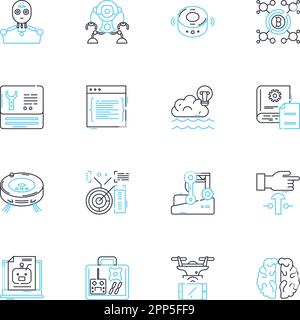 Lineare Symbole für künstliche Intelligenz eingestellt. Automatisierung, Intelligenz, Robotik, Algorithmen, maschinelles Lernen, Neurale Nerven, kognitive Computerlinie Stock Vektor