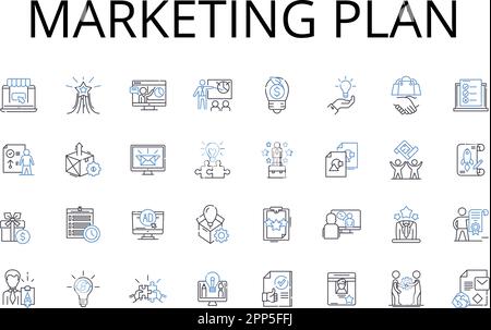 Symbolsammlung für Marketingplan-Positionen. Verkaufsgespräch, Werbeprogramm, Werbetechnik, Markenstrategie, Werbekampagne, Produktpositionierung Stock Vektor