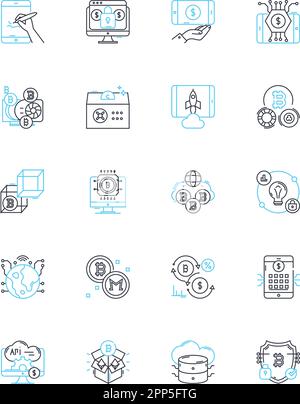 Lineares Symbolset für den Start von Digital Banking. FinTech, Neo-Banking, Mobile Banking, Online-Banking, E-Wallet, Blockchain, Kryptowährungslinienvektor und Stock Vektor