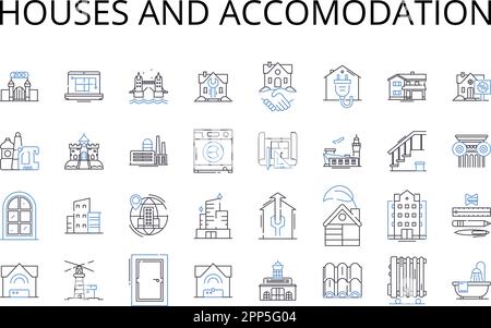 Ikonensammlung für Häuser und Unterkünfte. Wohnungen, Wohnungen, Häuser, Apartments, Wohnungen, Hütten, Bungalows Vektor und lineare Darstellung Stock Vektor